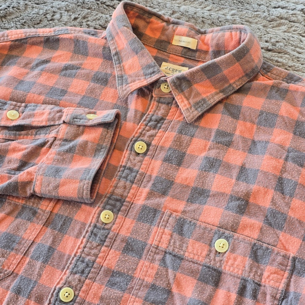 J.Crew Mens Tailored Fit Flannel Shirt Large Orange Grey Buffalo Check Plaid L